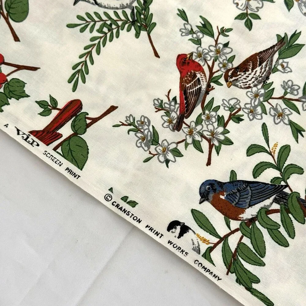 Vtg American Song Bird Fabric Cardinal Blue Jay Cotton Quilt Cranston 94 x 44